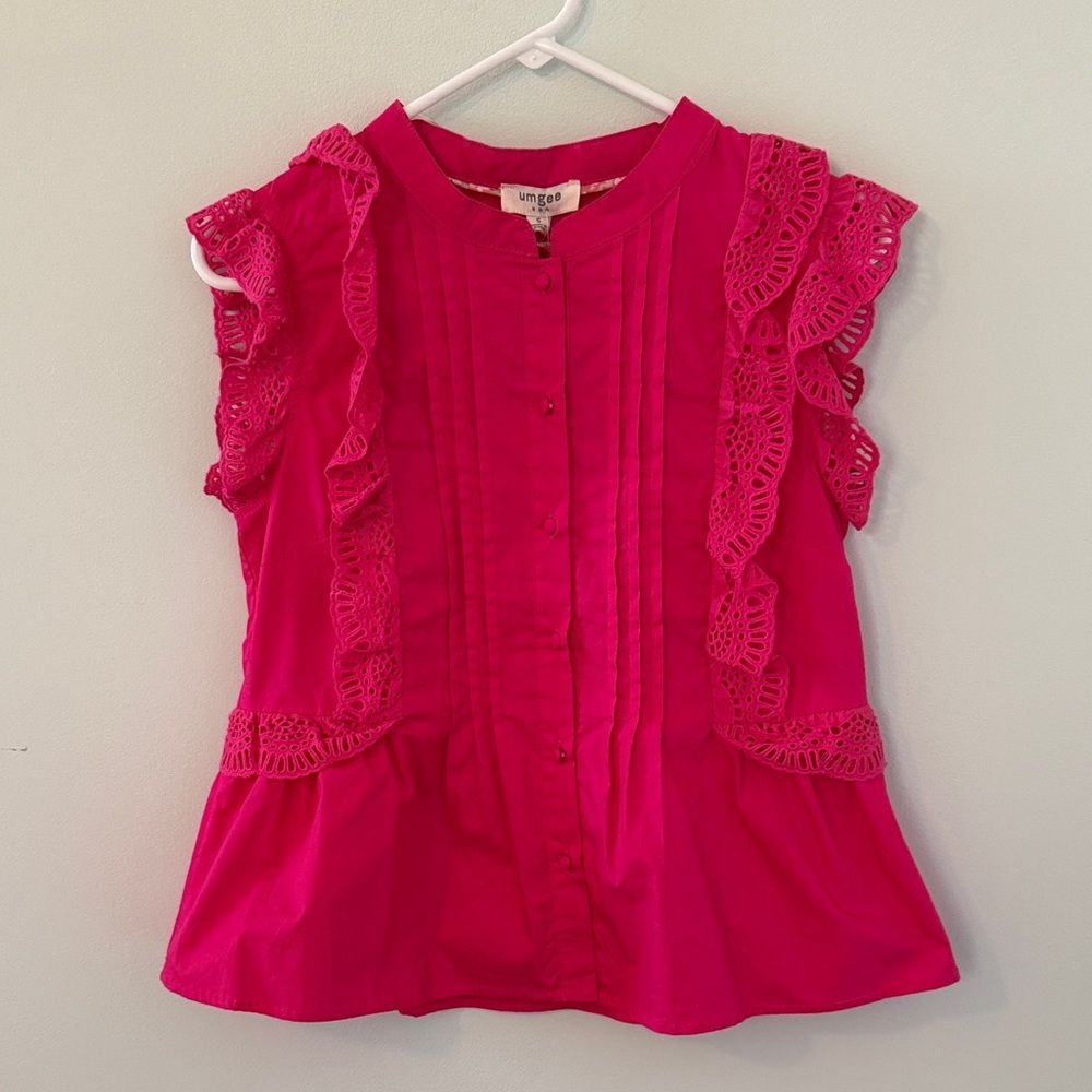 Umgee Hot Pink Ruffle Lace Pintuck Sleeveless Blouse